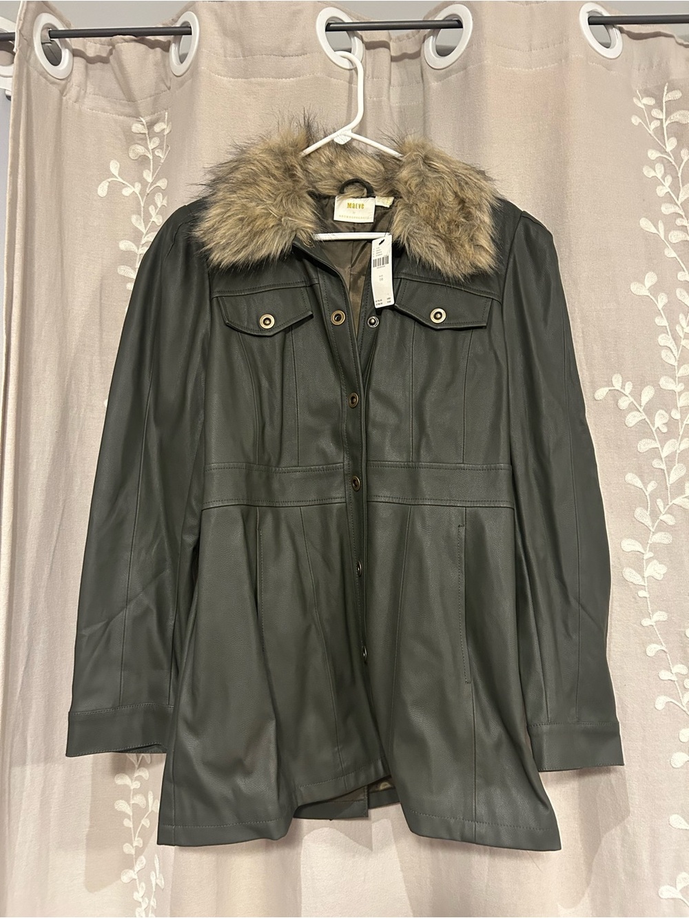 Maeve Olive Green Faux Leather Jacket with Faux Fur Collar